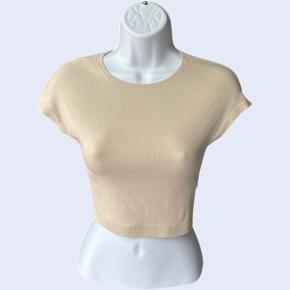 ZARA beige cropped baby tee crew neck cap sleeve M minimalist